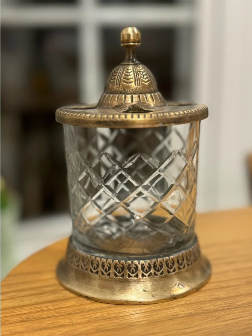 Antique Cut Crystal  Vanity  Toothbrush holder with Ornate Metal Lid
